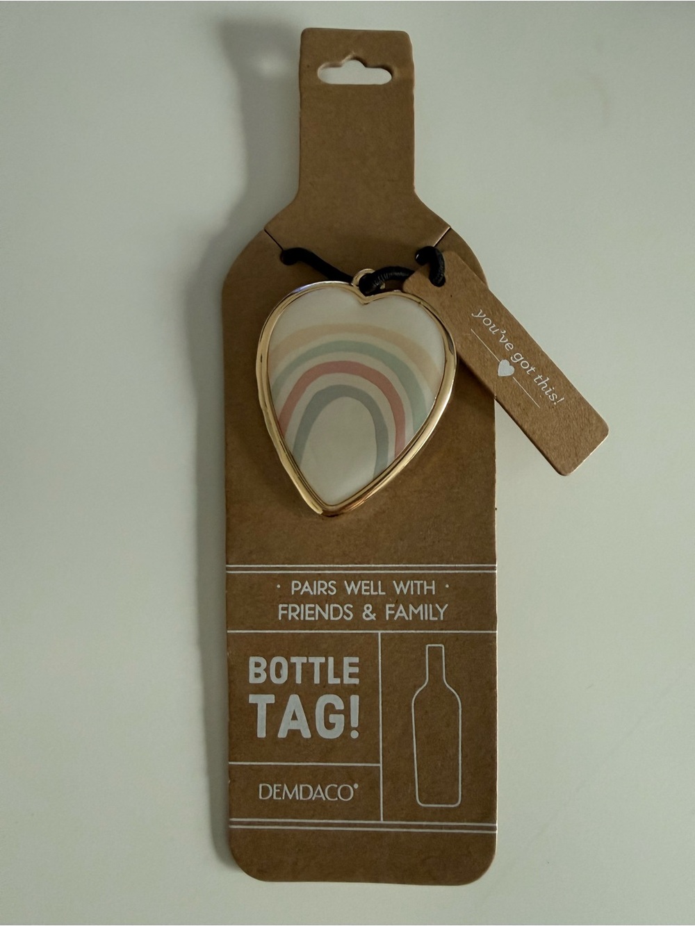 Demdaco Pastel Rainbow Heart Bottle Tag in Gold Trim